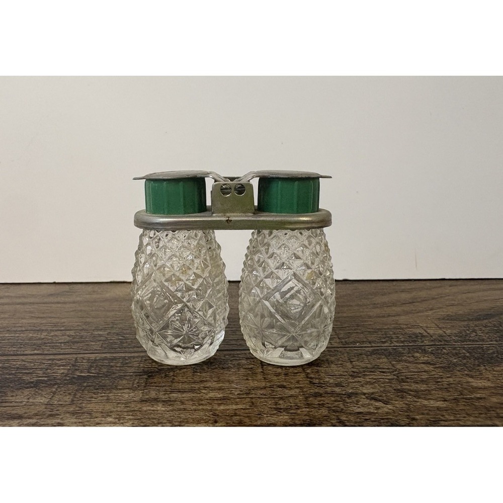 Vintage Mini Picnic Glass Salt & Pepper Set With Green Caps Hooked Together